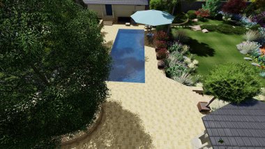 Memleketin peyzaj tasarımının 3 boyutlu görüntüsü. Bölgenin peyzajı. Birleşik peyzaj ve peyzaj çözümlerinin bilgisayar görselleştirmesi.