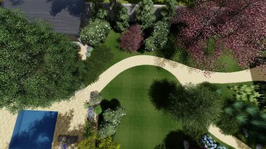 Memleketin peyzaj tasarımının 3 boyutlu görüntüsü. Bölgenin peyzajı. Birleşik peyzaj ve peyzaj çözümlerinin bilgisayar görselleştirmesi.