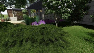 Memleketin peyzaj tasarımının 3 boyutlu görüntüsü. Bölgenin peyzajı. Birleşik peyzaj ve peyzaj çözümlerinin bilgisayar görselleştirmesi.