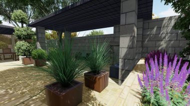 Memleketin peyzaj tasarımının 3 boyutlu görüntüsü. Bölgenin peyzajı. Birleşik peyzaj ve peyzaj çözümlerinin bilgisayar görselleştirmesi.