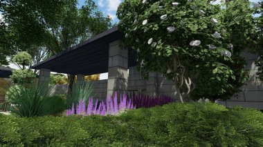 Memleketin peyzaj tasarımının 3 boyutlu görüntüsü. Bölgenin peyzajı. Birleşik peyzaj ve peyzaj çözümlerinin bilgisayar görselleştirmesi.