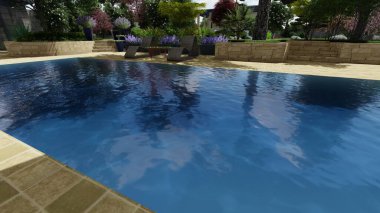 Memleketin peyzaj tasarımının 3 boyutlu görüntüsü. Bölgenin peyzajı. Birleşik peyzaj ve peyzaj çözümlerinin bilgisayar görselleştirmesi.