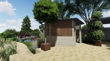 Memleketin peyzaj tasarımının 3 boyutlu görüntüsü. Bölgenin peyzajı. Birleşik peyzaj ve peyzaj çözümlerinin bilgisayar görselleştirmesi.