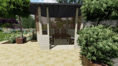 Memleketin peyzaj tasarımının 3 boyutlu görüntüsü. Bölgenin peyzajı. Birleşik peyzaj ve peyzaj çözümlerinin bilgisayar görselleştirmesi.