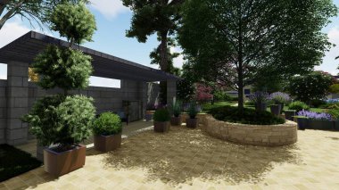 Memleketin peyzaj tasarımının 3 boyutlu görüntüsü. Bölgenin peyzajı. Birleşik peyzaj ve peyzaj çözümlerinin bilgisayar görselleştirmesi.