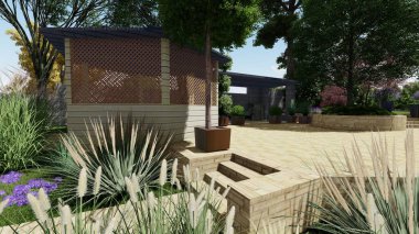 Memleketin peyzaj tasarımının 3 boyutlu görüntüsü. Bölgenin peyzajı. Birleşik peyzaj ve peyzaj çözümlerinin bilgisayar görselleştirmesi.