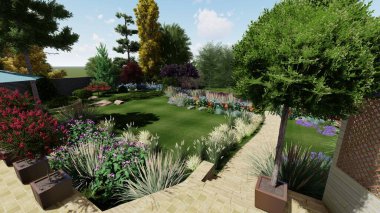 Memleketin peyzaj tasarımının 3 boyutlu görüntüsü. Bölgenin peyzajı. Birleşik peyzaj ve peyzaj çözümlerinin bilgisayar görselleştirmesi.