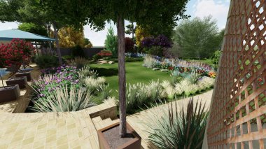 Memleketin peyzaj tasarımının 3 boyutlu görüntüsü. Bölgenin peyzajı. Birleşik peyzaj ve peyzaj çözümlerinin bilgisayar görselleştirmesi.