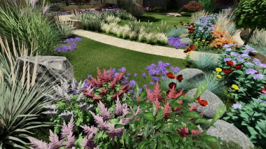 Memleketin peyzaj tasarımının 3 boyutlu görüntüsü. Bölgenin peyzajı. Birleşik peyzaj ve peyzaj çözümlerinin bilgisayar görselleştirmesi.