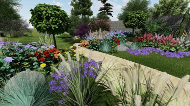 Memleketin peyzaj tasarımının 3 boyutlu görüntüsü. Bölgenin peyzajı. Birleşik peyzaj ve peyzaj çözümlerinin bilgisayar görselleştirmesi.