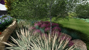 Memleketin peyzaj tasarımının 3 boyutlu görüntüsü. Bölgenin peyzajı. Birleşik peyzaj ve peyzaj çözümlerinin bilgisayar görselleştirmesi.