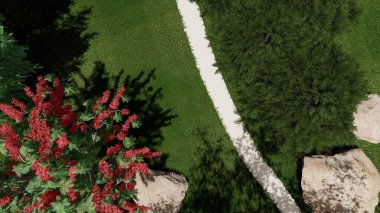 Memleketin peyzaj tasarımının 3 boyutlu görüntüsü. Bölgenin peyzajı. Birleşik peyzaj ve peyzaj çözümlerinin bilgisayar görselleştirmesi.