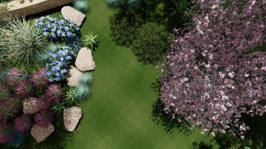 Memleketin peyzaj tasarımının 3 boyutlu görüntüsü. Bölgenin peyzajı. Birleşik peyzaj ve peyzaj çözümlerinin bilgisayar görselleştirmesi.