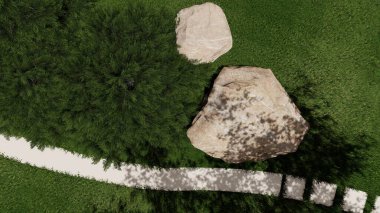 Memleketin peyzaj tasarımının 3 boyutlu görüntüsü. Bölgenin peyzajı. Birleşik peyzaj ve peyzaj çözümlerinin bilgisayar görselleştirmesi.