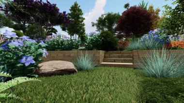 Memleketin peyzaj tasarımının 3 boyutlu görüntüsü. Bölgenin peyzajı. Birleşik peyzaj ve peyzaj çözümlerinin bilgisayar görselleştirmesi.