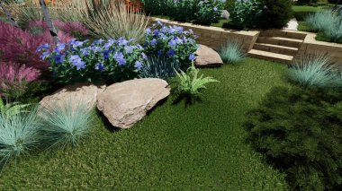 Memleketin peyzaj tasarımının 3 boyutlu görüntüsü. Bölgenin peyzajı. Birleşik peyzaj ve peyzaj çözümlerinin bilgisayar görselleştirmesi.