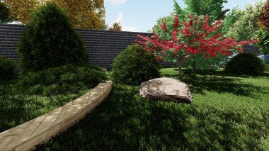 Memleketin peyzaj tasarımının 3 boyutlu görüntüsü. Bölgenin peyzajı. Birleşik peyzaj ve peyzaj çözümlerinin bilgisayar görselleştirmesi.