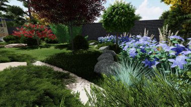 Memleketin peyzaj tasarımının 3 boyutlu görüntüsü. Bölgenin peyzajı. Birleşik peyzaj ve peyzaj çözümlerinin bilgisayar görselleştirmesi.