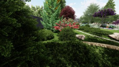 Memleketin peyzaj tasarımının 3 boyutlu görüntüsü. Bölgenin peyzajı. Birleşik peyzaj ve peyzaj çözümlerinin bilgisayar görselleştirmesi.