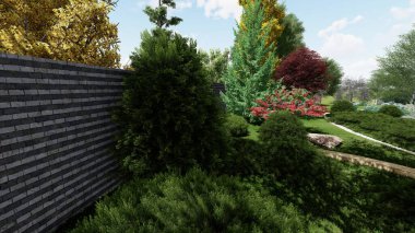 Memleketin peyzaj tasarımının 3 boyutlu görüntüsü. Bölgenin peyzajı. Birleşik peyzaj ve peyzaj çözümlerinin bilgisayar görselleştirmesi.