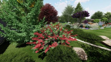 Memleketin peyzaj tasarımının 3 boyutlu görüntüsü. Bölgenin peyzajı. Birleşik peyzaj ve peyzaj çözümlerinin bilgisayar görselleştirmesi.