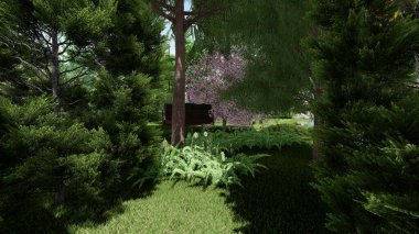 Memleketin peyzaj tasarımının 3 boyutlu görüntüsü. Bölgenin peyzajı. Birleşik peyzaj ve peyzaj çözümlerinin bilgisayar görselleştirmesi.