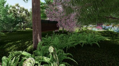 Memleketin peyzaj tasarımının 3 boyutlu görüntüsü. Bölgenin peyzajı. Birleşik peyzaj ve peyzaj çözümlerinin bilgisayar görselleştirmesi.