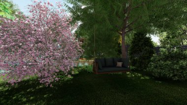 Memleketin peyzaj tasarımının 3 boyutlu görüntüsü. Bölgenin peyzajı. Birleşik peyzaj ve peyzaj çözümlerinin bilgisayar görselleştirmesi.