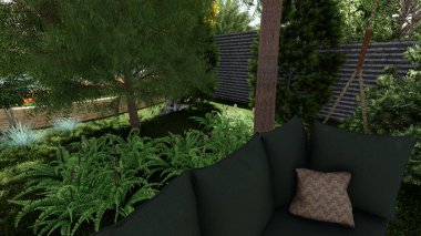 Memleketin peyzaj tasarımının 3 boyutlu görüntüsü. Bölgenin peyzajı. Birleşik peyzaj ve peyzaj çözümlerinin bilgisayar görselleştirmesi.