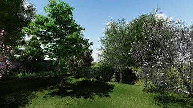 Memleketin peyzaj tasarımının 3 boyutlu görüntüsü. Bölgenin peyzajı. Birleşik peyzaj ve peyzaj çözümlerinin bilgisayar görselleştirmesi.