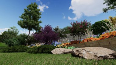 Memleketin peyzaj tasarımının 3 boyutlu görüntüsü. Bölgenin peyzajı. Birleşik peyzaj ve peyzaj çözümlerinin bilgisayar görselleştirmesi.