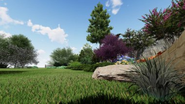 Memleketin peyzaj tasarımının 3 boyutlu görüntüsü. Bölgenin peyzajı. Birleşik peyzaj ve peyzaj çözümlerinin bilgisayar görselleştirmesi.