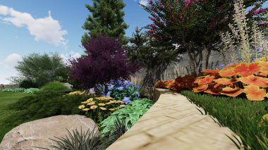 Memleketin peyzaj tasarımının 3 boyutlu görüntüsü. Bölgenin peyzajı. Birleşik peyzaj ve peyzaj çözümlerinin bilgisayar görselleştirmesi.