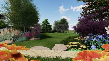 Memleketin peyzaj tasarımının 3 boyutlu görüntüsü. Bölgenin peyzajı. Birleşik peyzaj ve peyzaj çözümlerinin bilgisayar görselleştirmesi.