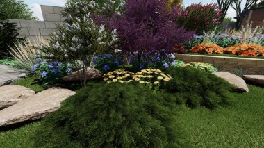 Memleketin peyzaj tasarımının 3 boyutlu görüntüsü. Bölgenin peyzajı. Birleşik peyzaj ve peyzaj çözümlerinin bilgisayar görselleştirmesi.