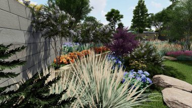 Memleketin peyzaj tasarımının 3 boyutlu görüntüsü. Bölgenin peyzajı. Birleşik peyzaj ve peyzaj çözümlerinin bilgisayar görselleştirmesi.