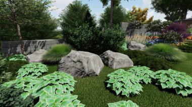 Memleketin peyzaj tasarımının 3 boyutlu görüntüsü. Bölgenin peyzajı. Birleşik peyzaj ve peyzaj çözümlerinin bilgisayar görselleştirmesi.