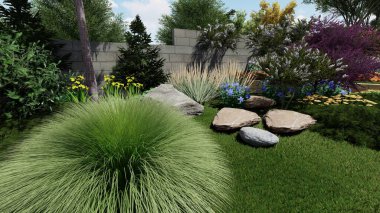 Memleketin peyzaj tasarımının 3 boyutlu görüntüsü. Bölgenin peyzajı. Birleşik peyzaj ve peyzaj çözümlerinin bilgisayar görselleştirmesi.