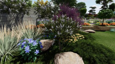 Memleketin peyzaj tasarımının 3 boyutlu görüntüsü. Bölgenin peyzajı. Birleşik peyzaj ve peyzaj çözümlerinin bilgisayar görselleştirmesi.