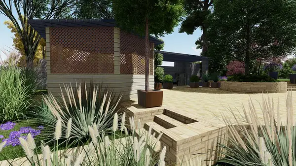 Memleketin peyzaj tasarımının 3 boyutlu görüntüsü. Bölgenin peyzajı. Birleşik peyzaj ve peyzaj çözümlerinin bilgisayar görselleştirmesi.