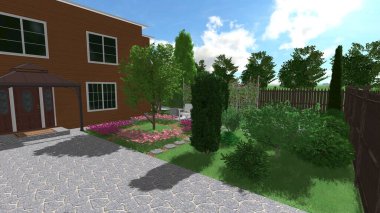 Memleketin peyzaj tasarımının 3 boyutlu görüntüsü. Bölgenin peyzajı. Birleşik peyzaj ve peyzaj çözümlerinin bilgisayar görselleştirmesi.