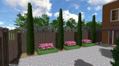 Memleketin peyzaj tasarımının 3 boyutlu görüntüsü. Bölgenin peyzajı. Birleşik peyzaj ve peyzaj çözümlerinin bilgisayar görselleştirmesi.