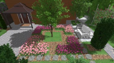 Memleketin peyzaj tasarımının 3 boyutlu görüntüsü. Bölgenin peyzajı. Birleşik peyzaj ve peyzaj çözümlerinin bilgisayar görselleştirmesi.