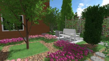 Memleketin peyzaj tasarımının 3 boyutlu görüntüsü. Bölgenin peyzajı. Birleşik peyzaj ve peyzaj çözümlerinin bilgisayar görselleştirmesi.