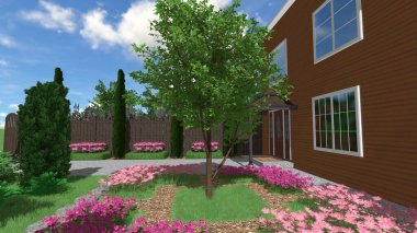 Memleketin peyzaj tasarımının 3 boyutlu görüntüsü. Bölgenin peyzajı. Birleşik peyzaj ve peyzaj çözümlerinin bilgisayar görselleştirmesi.