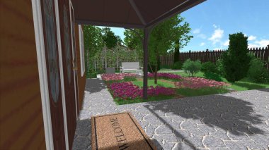 Memleketin peyzaj tasarımının 3 boyutlu görüntüsü. Bölgenin peyzajı. Birleşik peyzaj ve peyzaj çözümlerinin bilgisayar görselleştirmesi.