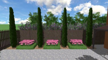 Memleketin peyzaj tasarımının 3 boyutlu görüntüsü. Bölgenin peyzajı. Birleşik peyzaj ve peyzaj çözümlerinin bilgisayar görselleştirmesi.