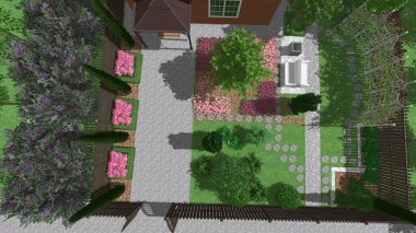 Memleketin peyzaj tasarımının 3 boyutlu görüntüsü. Bölgenin peyzajı. Birleşik peyzaj ve peyzaj çözümlerinin bilgisayar görselleştirmesi.