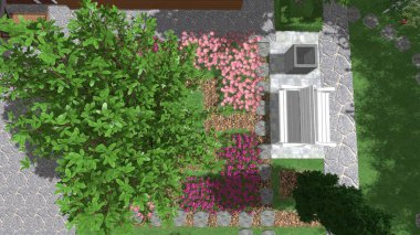 Memleketin peyzaj tasarımının 3 boyutlu görüntüsü. Bölgenin peyzajı. Birleşik peyzaj ve peyzaj çözümlerinin bilgisayar görselleştirmesi.