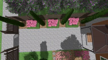 Memleketin peyzaj tasarımının 3 boyutlu görüntüsü. Bölgenin peyzajı. Birleşik peyzaj ve peyzaj çözümlerinin bilgisayar görselleştirmesi.